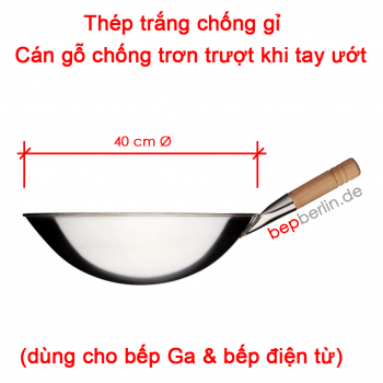 Wokpfanne-INOX-Cán Gỗ- Ø 40 cm, für Induktion & Gasherd, 12 cm Tief-Thép Trắng-Không gỉ sét